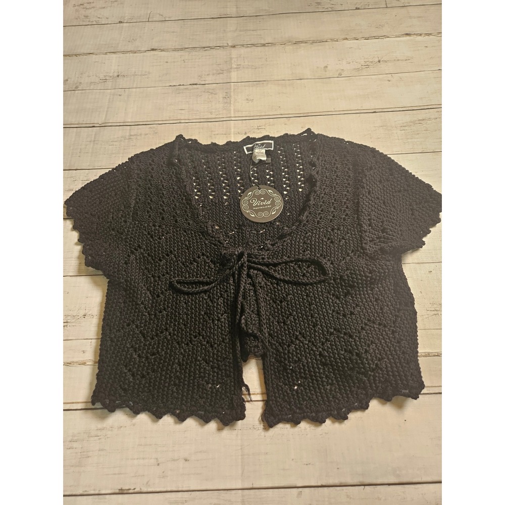 NEW Vivid Importers NY Crochet Bolero Shrug Black Tie Front Cardigan M